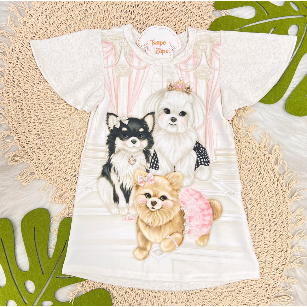 Vestido Manga Curta Cachorrinhas - Areia